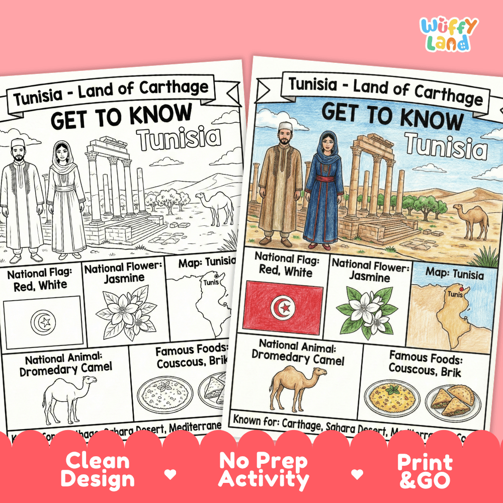 Tunisia Geography Coloring Poster | Country Study Research Worksheet Activity