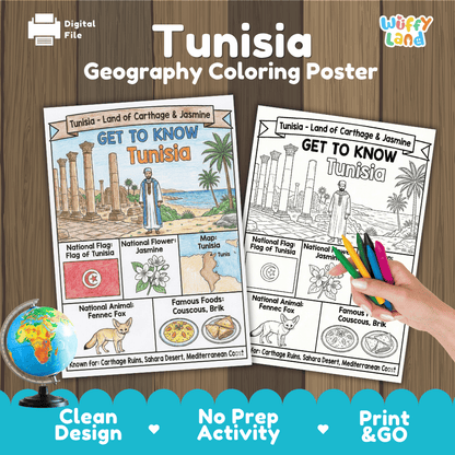 Tunisia Geography Coloring Poster and Fact Sheet Printable Worksheets