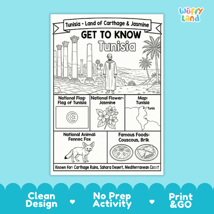 Tunisia Geography Coloring Poster and Fact Sheet Printable Worksheets