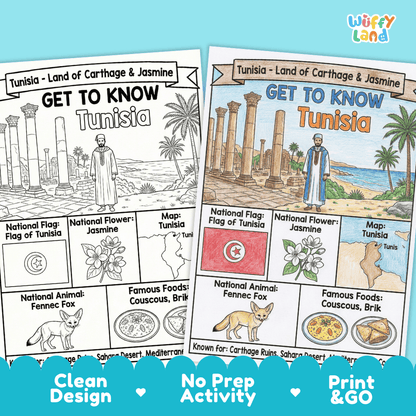 Tunisia Geography Coloring Poster and Fact Sheet Printable Worksheets