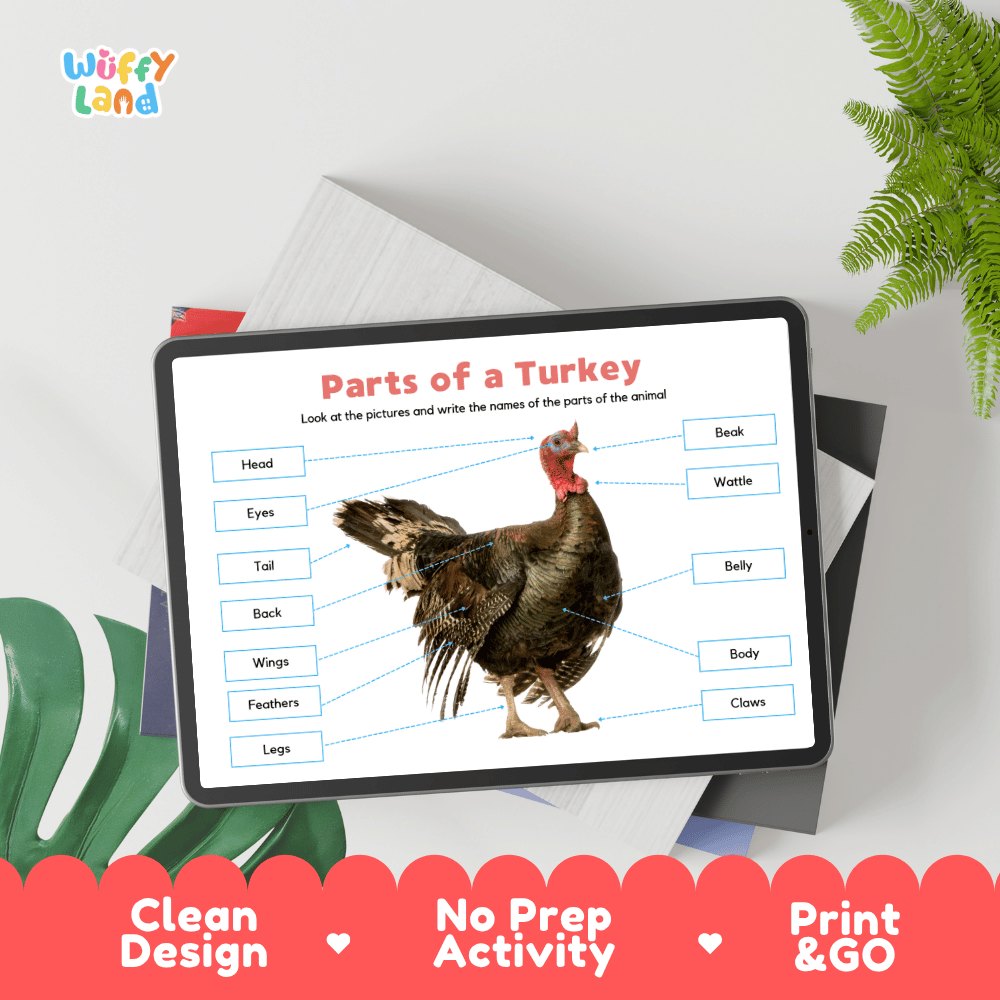Hands-on turkey anatomy cut and paste worksheet with printable word tags, pointer lines, and scissors graphic