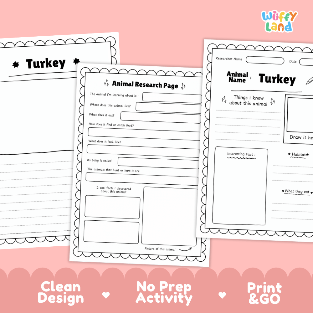 Three printable turkey-themed animal research activity sheets are shown on a pink background with marketing text at the bottom. The sheets are black-and-white worksheet pages with writing boxes, a drawing area, and headings including 'Turkey' and 'Animal Research Page.