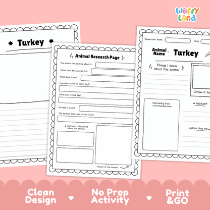 Three printable turkey-themed animal research activity sheets are shown on a pink background with marketing text at the bottom. The sheets are black-and-white worksheet pages with writing boxes, a drawing area, and headings including 'Turkey' and 'Animal Research Page.