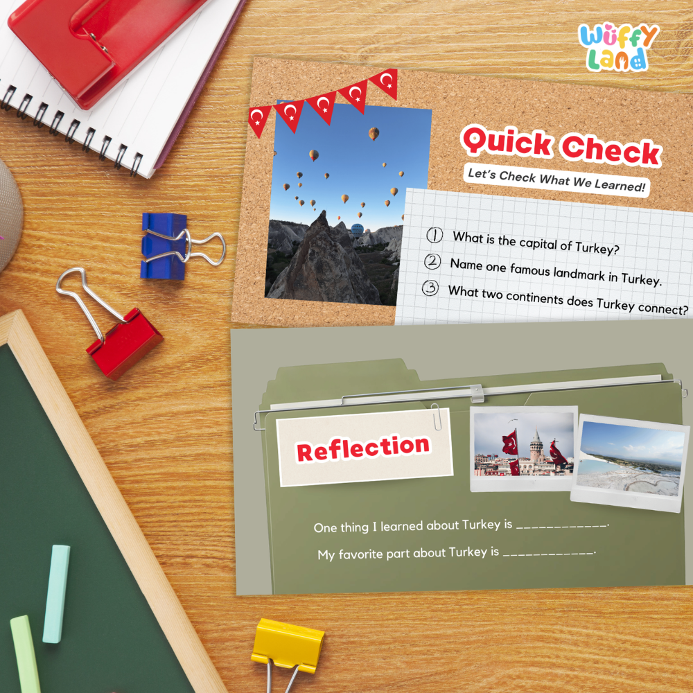An educational Turkey-themed quick check and reflection worksheet set by Wiffly Land, styled in a desk flat-lay with school supplies on a wooden table.