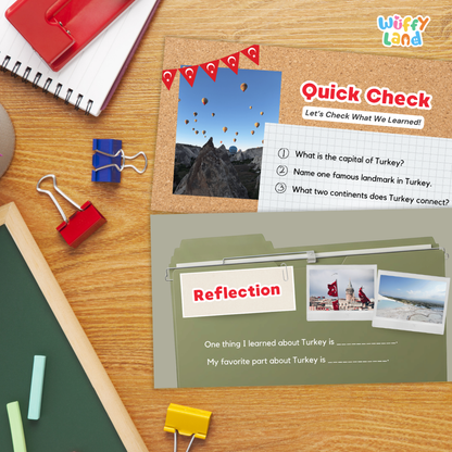 An educational Turkey-themed quick check and reflection worksheet set by Wiffly Land, styled in a desk flat-lay with school supplies on a wooden table.