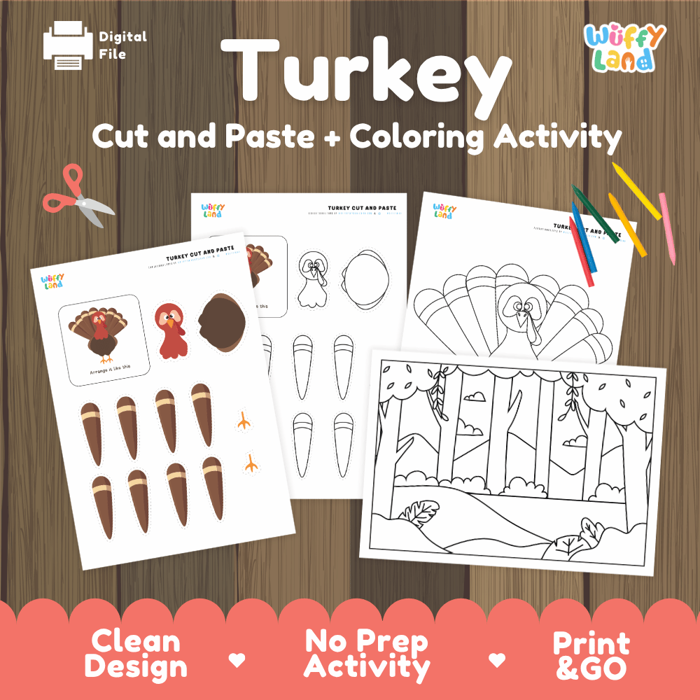 Turkey Cut and Paste Craft and Coloring Activity Worksheets