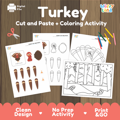 Turkey Cut and Paste Craft and Coloring Activity Worksheets