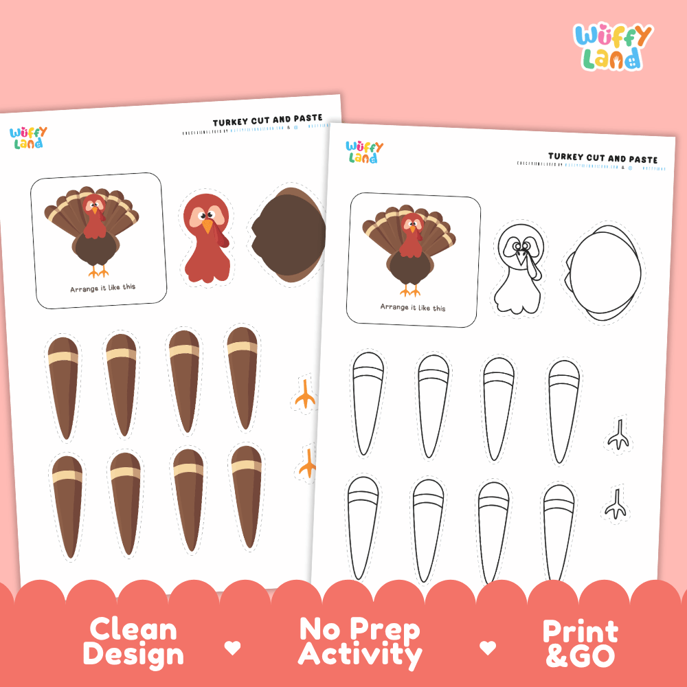 Turkey Cut and Paste Craft and Coloring Activity Worksheets