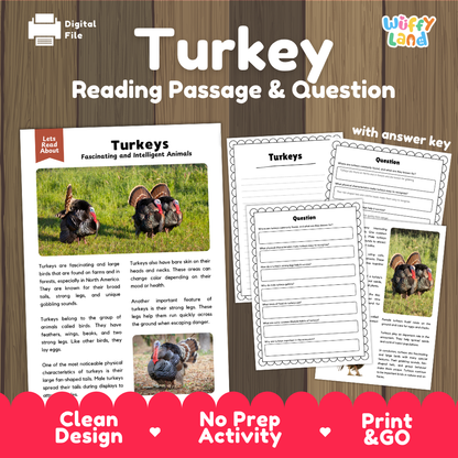 Turkey Reading Passage and Comprehension Questions Worksheets with Answer Key