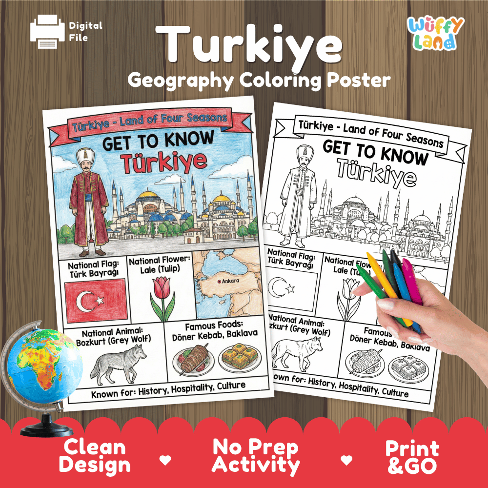 Turkiye Geography Coloring Poster and Fact Sheet Printables