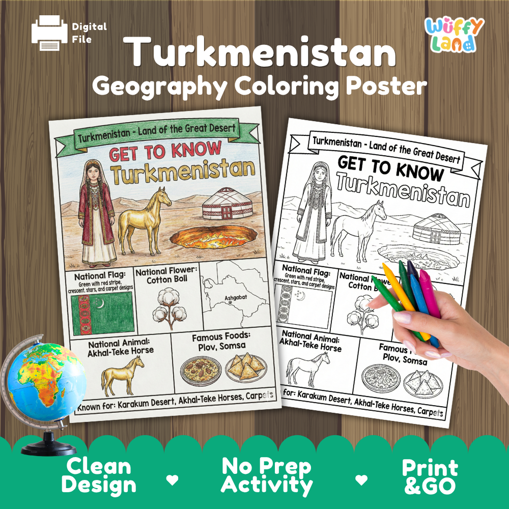 Get to know Turkmenistan coloring poster paired with photo flashcards of City Mosque Mary, traditional Turkmen dress, and Plov Pilaf