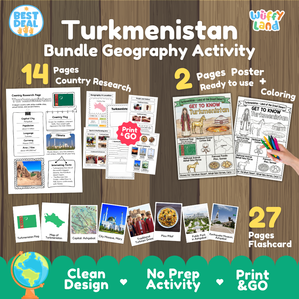 Turkmenistan geography activity bundle cover showing 14 country research pages, 2 ready to use coloring posters, and 27 photo flashcards