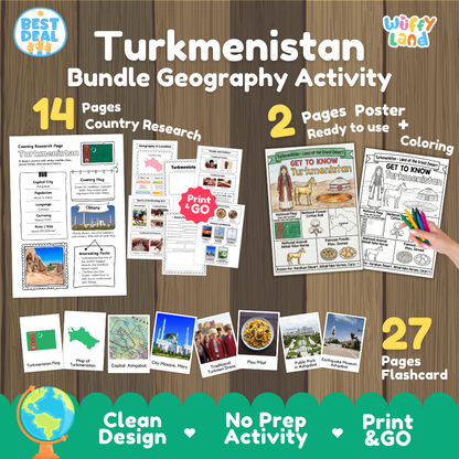 Turkmenistan geography activity bundle cover showing 14 country research pages, 2 ready to use coloring posters, and 27 photo flashcards