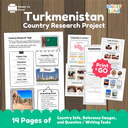 A country research project sheet for Turkmenistan, featuring the capital city (Ashgabat), population, language, currency, and area. The flag of Turkmenistan is displayed, with green representing tradition and faith, and five carpet guls symbolizing the main tribes. The worksheet provides information on Turkmenistan's climate (very hot summers, cool winters, little rain), traditional clothes, music, sports, and famous landmarks like the Darvaza Gas Crater.