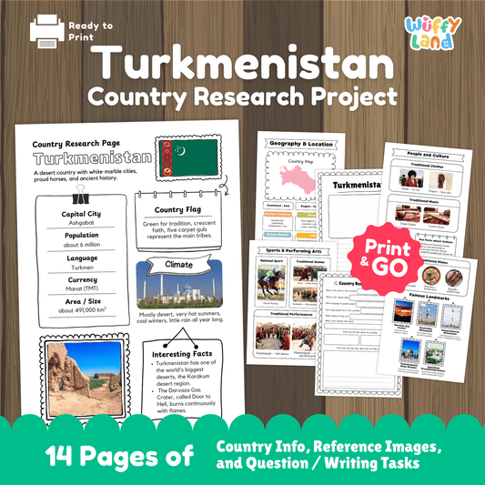 A country research project sheet for Turkmenistan, featuring the capital city (Ashgabat), population, language, currency, and area. The flag of Turkmenistan is displayed, with green representing tradition and faith, and five carpet guls symbolizing the main tribes. The worksheet provides information on Turkmenistan's climate (very hot summers, cool winters, little rain), traditional clothes, music, sports, and famous landmarks like the Darvaza Gas Crater.
