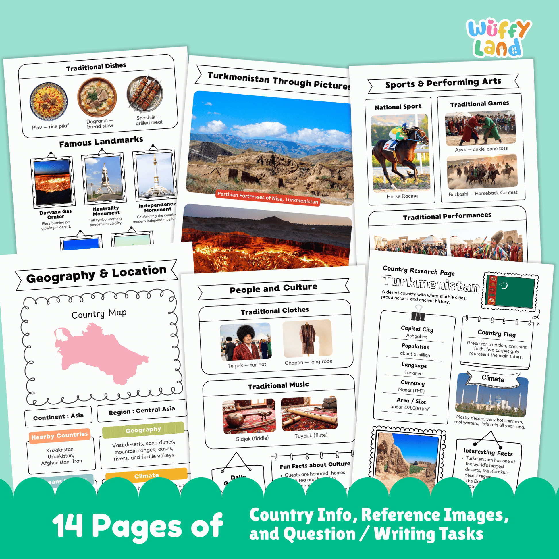 A country research project sheet for Turkmenistan, featuring the capital city (Ashgabat), population, language, currency, and area. The flag of Turkmenistan is displayed, with green representing tradition and faith, and five carpet guls symbolizing the main tribes. The worksheet provides information on Turkmenistan's climate (very hot summers, cool winters, little rain), traditional clothes, music, sports, and famous landmarks like the Darvaza Gas Crater.