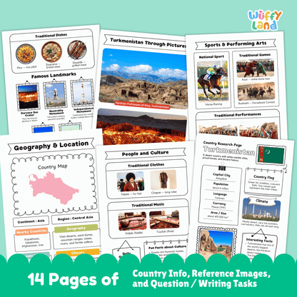 A country research project sheet for Turkmenistan, featuring the capital city (Ashgabat), population, language, currency, and area. The flag of Turkmenistan is displayed, with green representing tradition and faith, and five carpet guls symbolizing the main tribes. The worksheet provides information on Turkmenistan's climate (very hot summers, cool winters, little rain), traditional clothes, music, sports, and famous landmarks like the Darvaza Gas Crater.