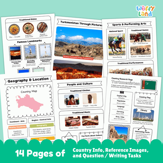 A country research project sheet for Turkmenistan, featuring the capital city (Ashgabat), population, language, currency, and area. The flag of Turkmenistan is displayed, with green representing tradition and faith, and five carpet guls symbolizing the main tribes. The worksheet provides information on Turkmenistan's climate (very hot summers, cool winters, little rain), traditional clothes, music, sports, and famous landmarks like the Darvaza Gas Crater.