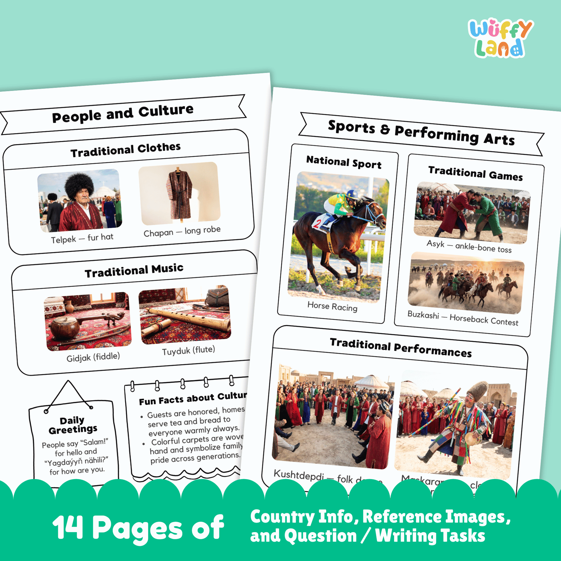 A country research project sheet for Turkmenistan, featuring the capital city (Ashgabat), population, language, currency, and area. The flag of Turkmenistan is displayed, with green representing tradition and faith, and five carpet guls symbolizing the main tribes. The worksheet provides information on Turkmenistan's climate (very hot summers, cool winters, little rain), traditional clothes, music, sports, and famous landmarks like the Darvaza Gas Crater.