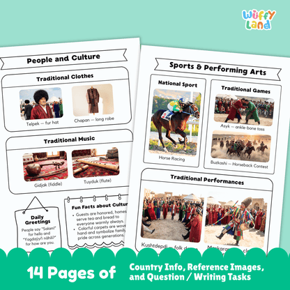 A country research project sheet for Turkmenistan, featuring the capital city (Ashgabat), population, language, currency, and area. The flag of Turkmenistan is displayed, with green representing tradition and faith, and five carpet guls symbolizing the main tribes. The worksheet provides information on Turkmenistan's climate (very hot summers, cool winters, little rain), traditional clothes, music, sports, and famous landmarks like the Darvaza Gas Crater.