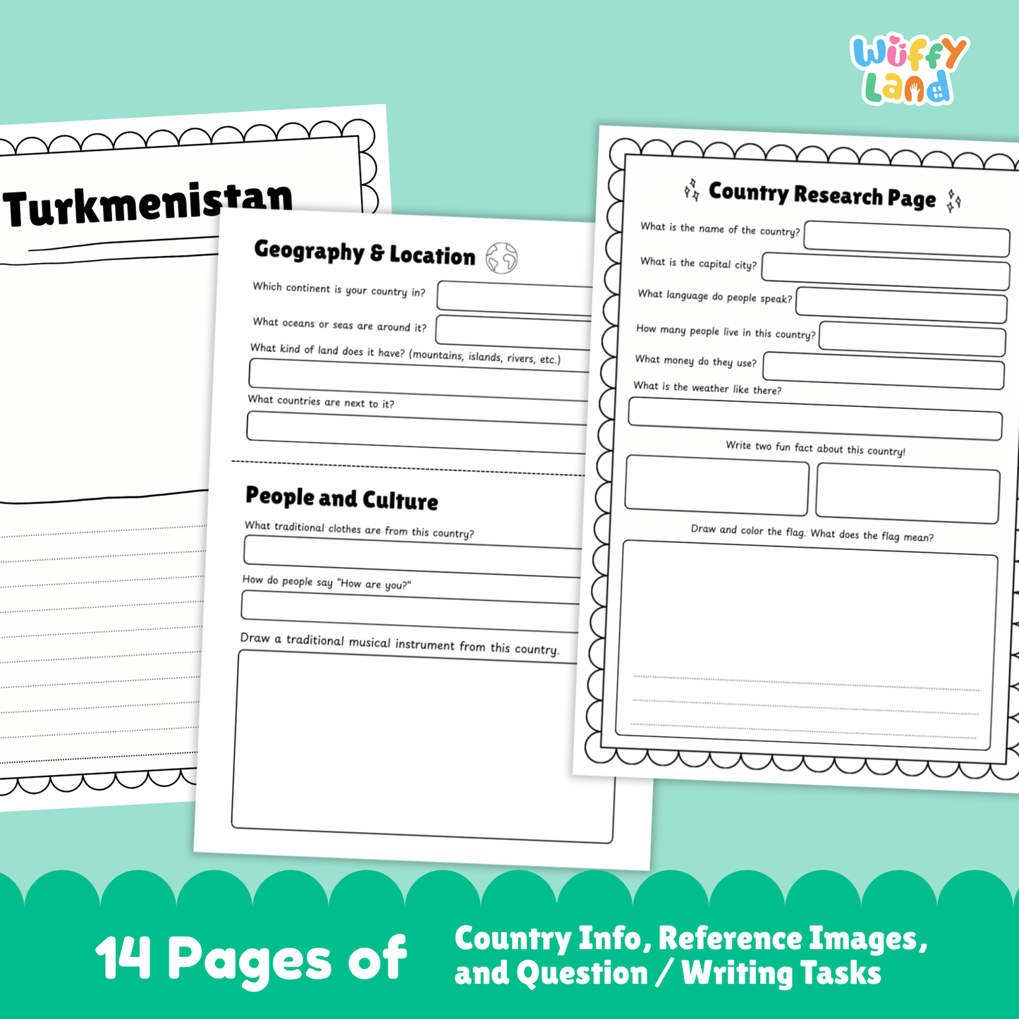 A country research project sheet for Turkmenistan, featuring the capital city (Ashgabat), population, language, currency, and area. The flag of Turkmenistan is displayed, with green representing tradition and faith, and five carpet guls symbolizing the main tribes. The worksheet provides information on Turkmenistan's climate (very hot summers, cool winters, little rain), traditional clothes, music, sports, and famous landmarks like the Darvaza Gas Crater.