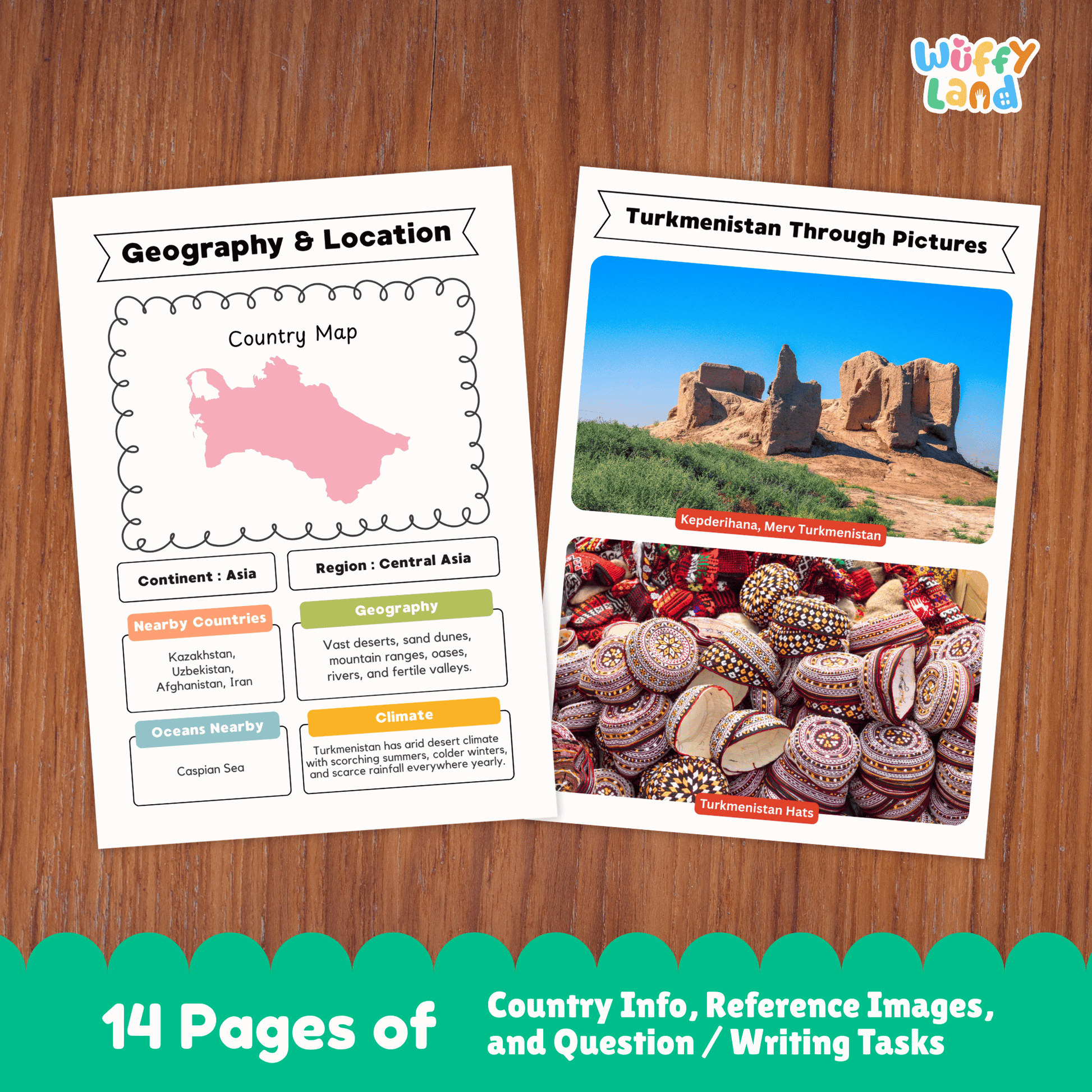 A country research project sheet for Turkmenistan, featuring the capital city (Ashgabat), population, language, currency, and area. The flag of Turkmenistan is displayed, with green representing tradition and faith, and five carpet guls symbolizing the main tribes. The worksheet provides information on Turkmenistan's climate (very hot summers, cool winters, little rain), traditional clothes, music, sports, and famous landmarks like the Darvaza Gas Crater