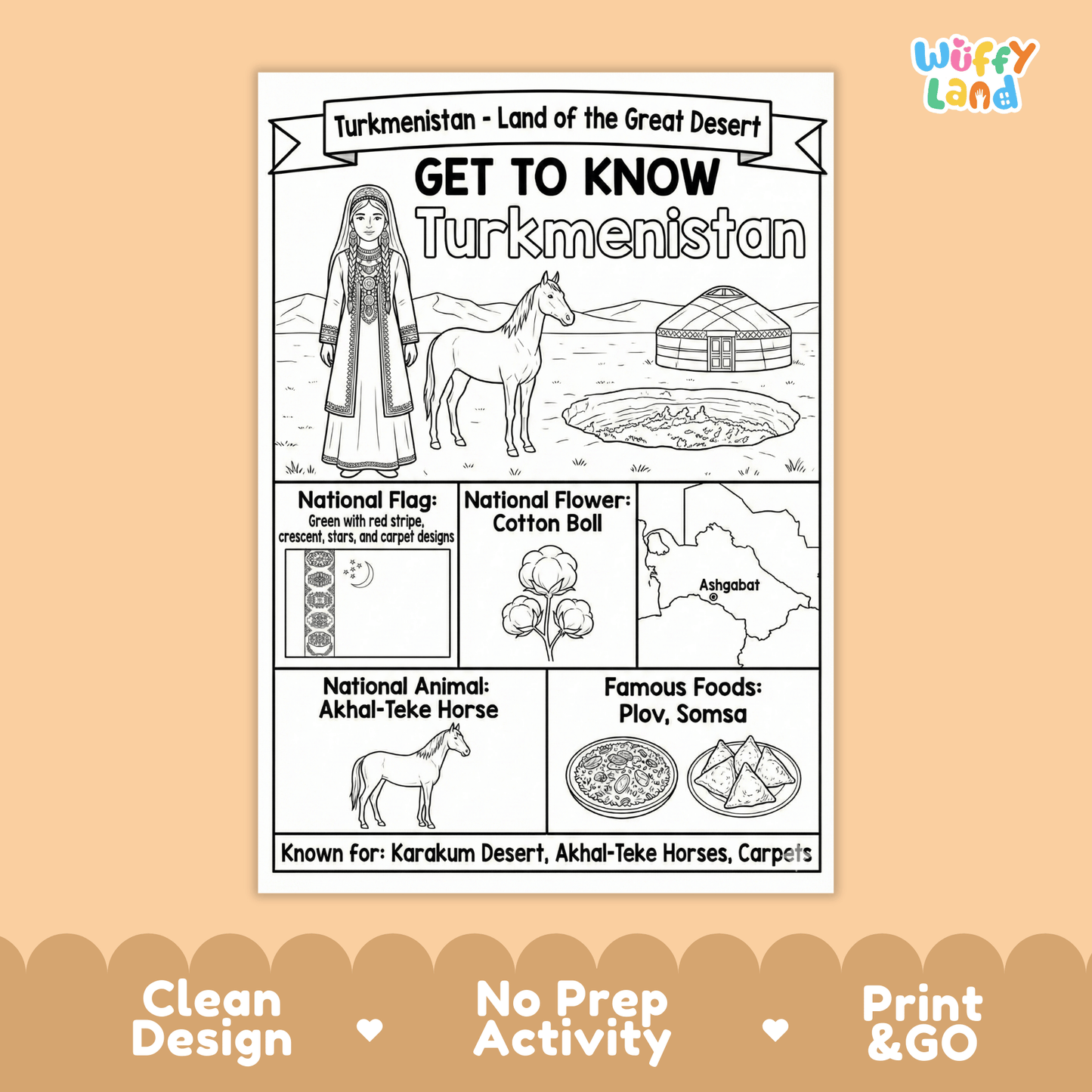 Turkmenistan Country Study Geography Coloring Page Worksheet Activity | Asia