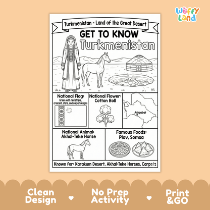 Turkmenistan Country Study Geography Coloring Page Worksheet Activity | Asia