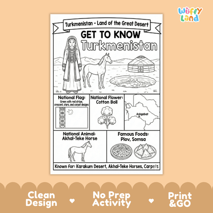 Turkmenistan Geography Coloring Poster | Country Study Research Worksheet Activity