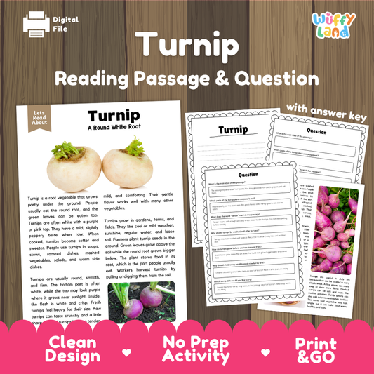 Turnip reading comprehension passage and questions printable activity pack with answer key for elementary students