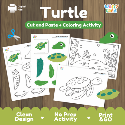 Turtle Cut and Paste Craft and Coloring Activity Worksheets