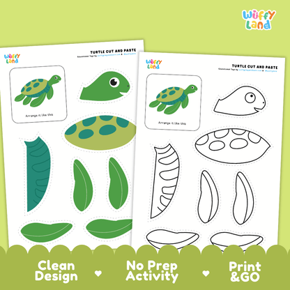 Turtle Cut and Paste Craft and Coloring Activity Worksheets