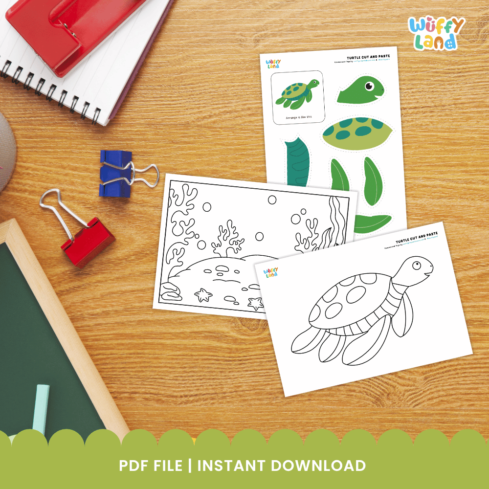 Turtle Cut and Paste Craft and Coloring Activity Worksheets
