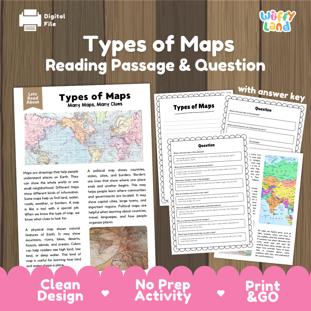 Types of maps reading comprehension passage and questions printable activity pack with answer key for elementary students