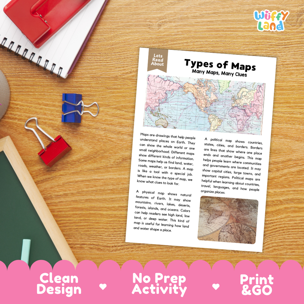 Student reading comprehension worksheet with short-answer questions and lined sections about different types of maps