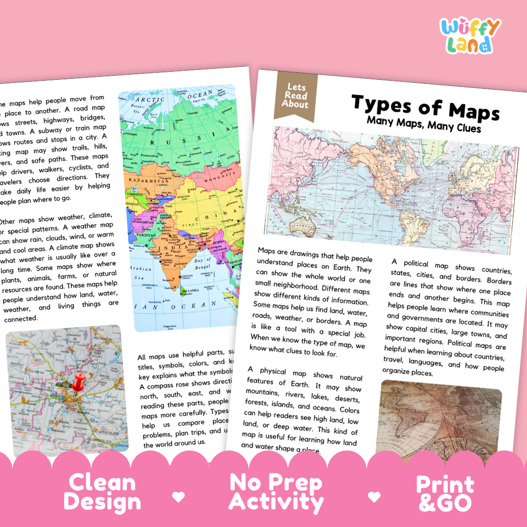 Teacher answer key page showing complete question solutions for types of maps reading comprehension practice