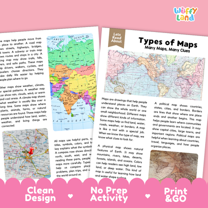 Teacher answer key page showing complete question solutions for types of maps reading comprehension practice