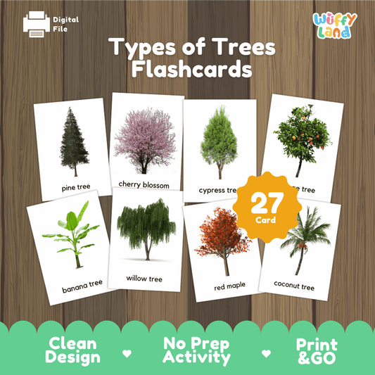 Types of Trees Flashcards printable dendrology and botany real photo activity pack overview from Wuffy Land featuring 27 trees 🌲🌳