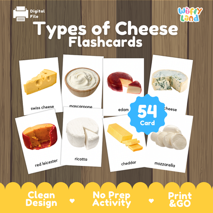 Digital preview of 'Types of Cheese Flashcards' by Wiffly Land, showing eight sample cheese card images arranged on a wood-textured background with promotional text and a blue badge indicating 54 cards.