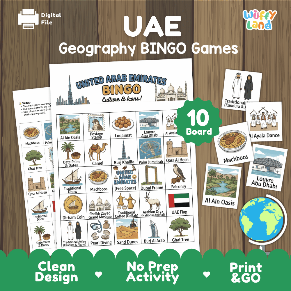 UAE Geography BINGO Game United Arab Emirates Culture and Icons Activity Printable Boards