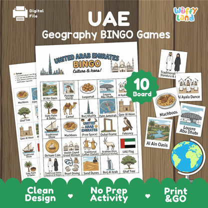 UAE Geography BINGO Game United Arab Emirates Culture and Icons Activity Printable Boards