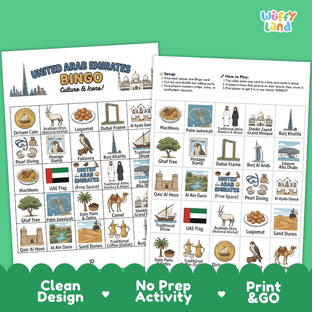 UAE Geography BINGO Game United Arab Emirates Culture and Icons Activity Printable Boards
