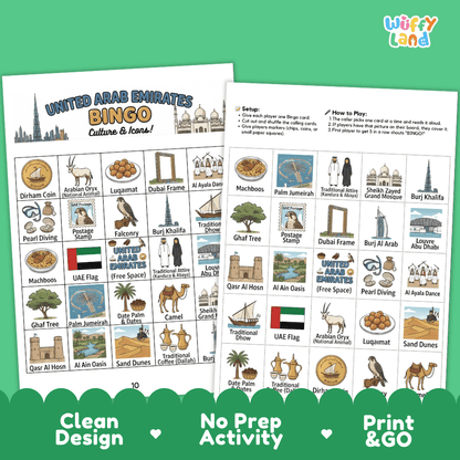 UAE Geography BINGO Game United Arab Emirates Culture and Icons Activity Printable Boards