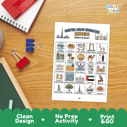 UAE Geography BINGO Game United Arab Emirates Culture and Icons Activity Printable Boards