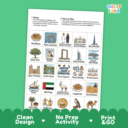 UAE Geography BINGO Game United Arab Emirates Culture and Icons Activity Printable Boards