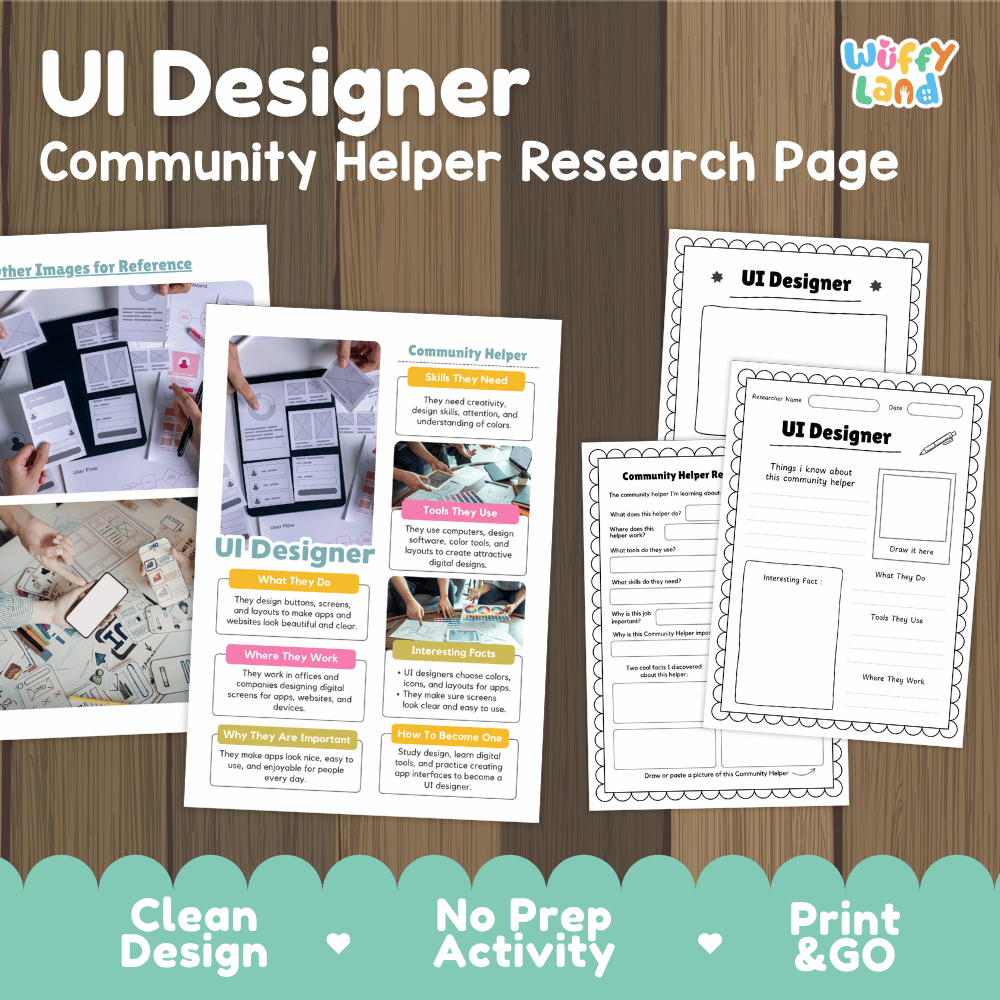 UI designer community helper research page writing worksheets pack featuring real photos and student activity pages for elementary social studies and technology