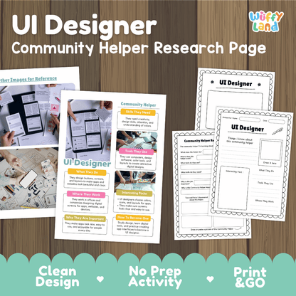 UI designer community helper research page writing worksheets pack featuring real photos and student activity pages for elementary social studies and technology