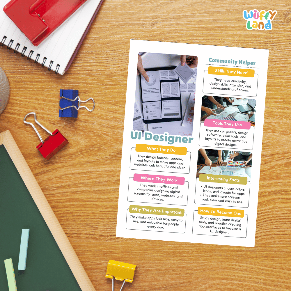 Guided student writing worksheets with lined sections for recording facts and a dedicated box for drawing or pasting a picture of a UI designer