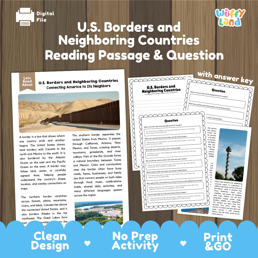 U.S. Borders and Neighboring Countries reading comprehension passage and questions printable activity pack with answer key for elementary students