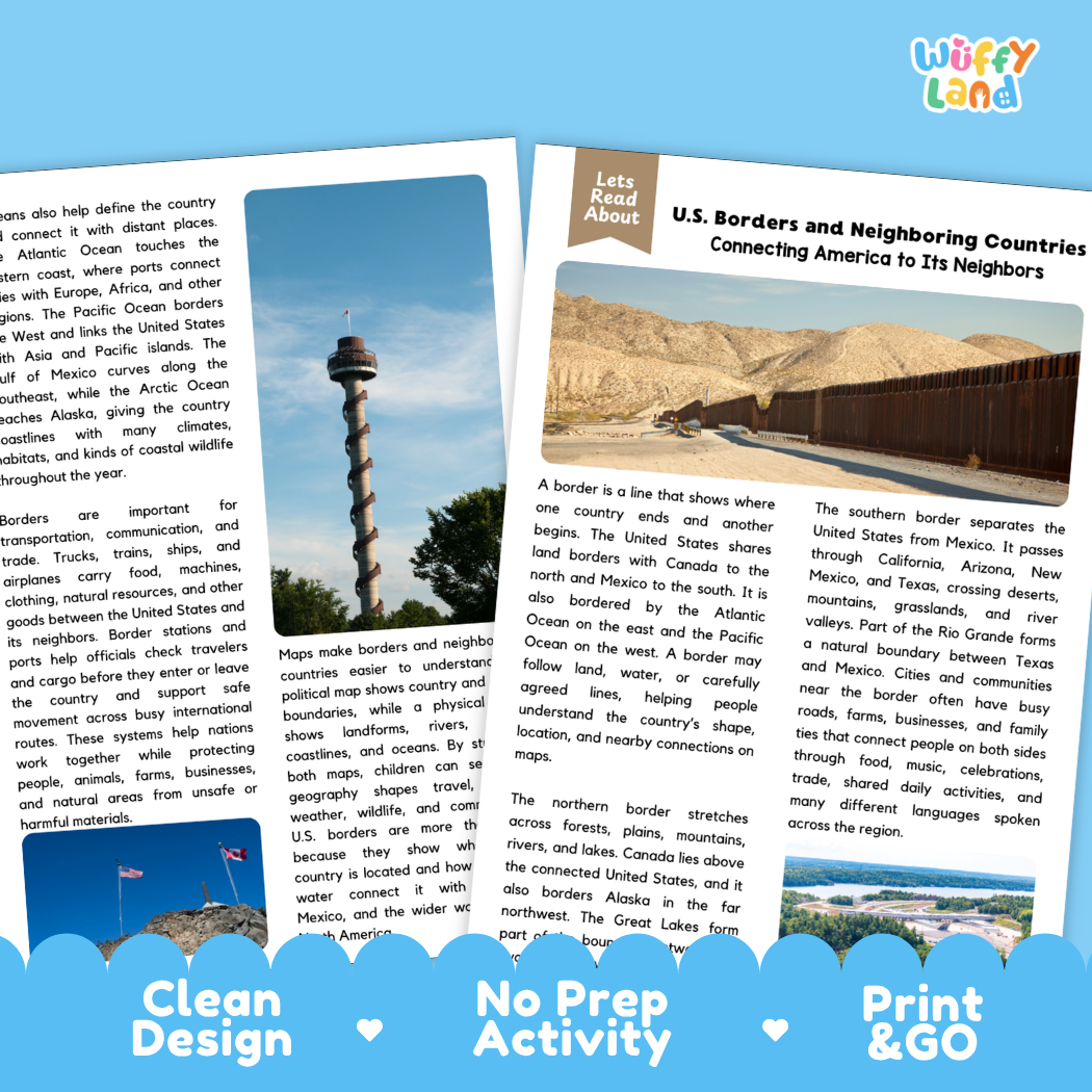 Teacher answer key page showing complete question solutions for U.S. borders and neighboring countries social studies reading comprehension practice